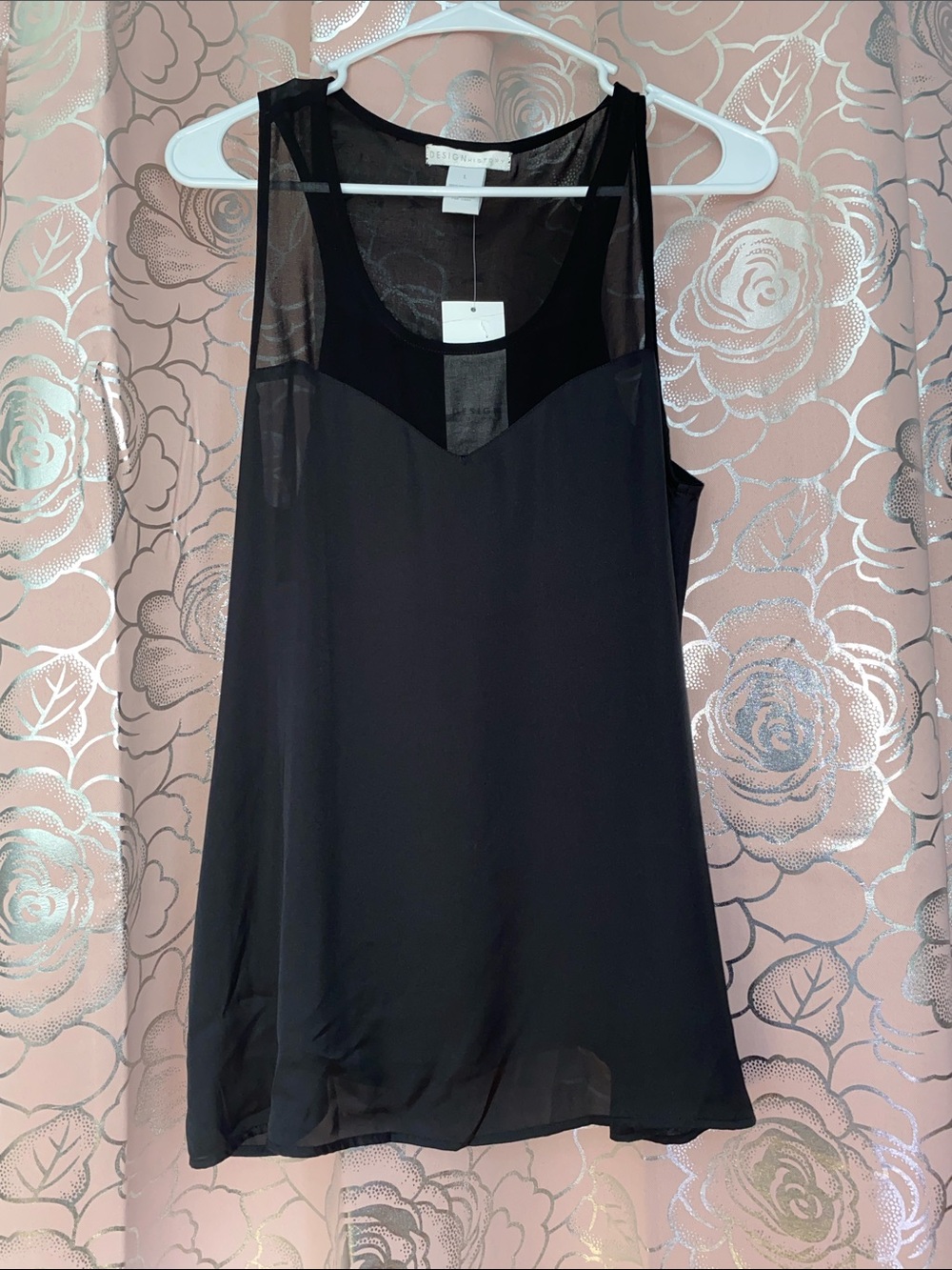 Design History NWT Black Mesh Sheer Top Blouse L